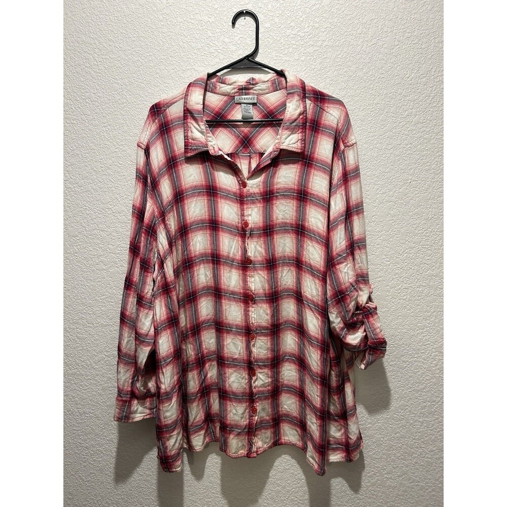 Catherines Shirt Womens 4X Pink Plaid Tunic Classic Comfort Timeless Easy Fun